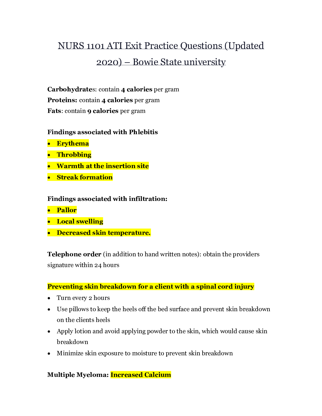 Preview of NURS 1101 ATI Exit Practice Questions (Updated 2020) – Bowie State university | NURS1101 A